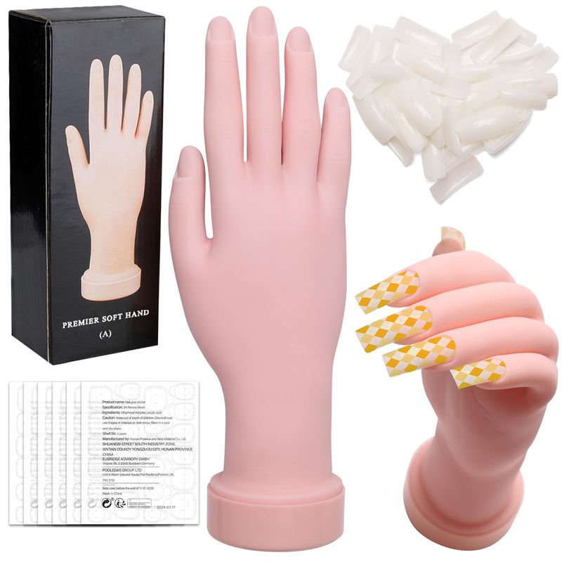 Zhaoyao Practice Hand for Acrylic Nails, Flexible Bendable Nail Practice Hand for Beginners with 100 PCS Nail Tips &amp; 192 PCS Jelly Glues, Silicone Manicure Training kit for Nail Art