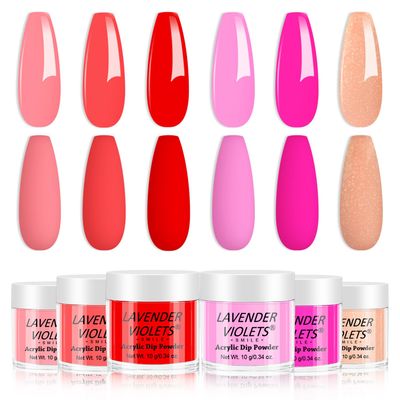 Lavender Violets 6 Colors Dip Powder Nail Set Starter, Neon Pink Red Fast Drying Acrylic Dipping Powder Set Shimmer Orange Bright Purple for Nail Art Designs JS208