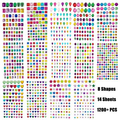 1200 PCS Self Adhesive Gems Stickers,14 Sheets Rhinestone Stickers for DIY Craft,8 Shapes Sparkle Jewels for Nail Body Makeup Festival