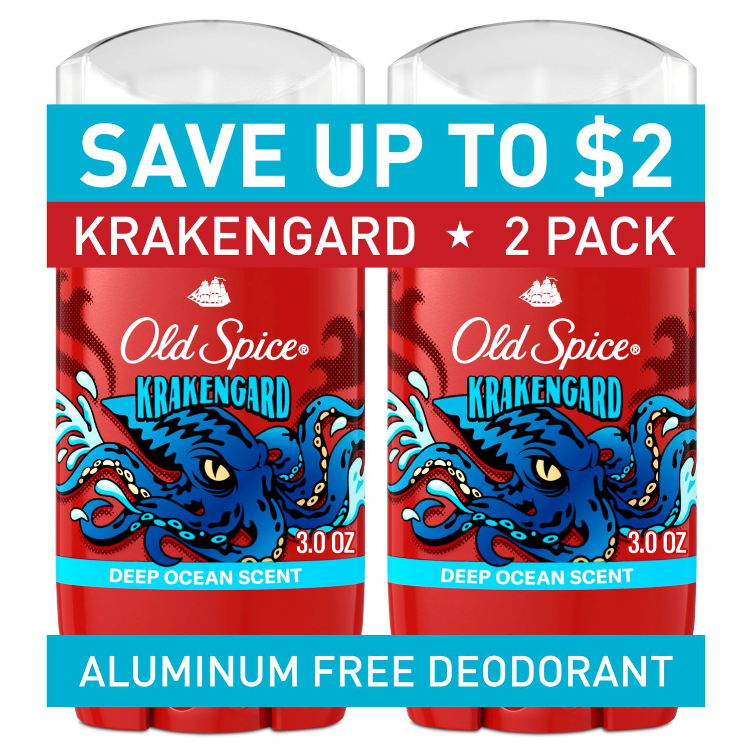 Old Spice Aluminum Free Deodorant for Men, 24/7 Odor Protection, 24/7 Freshness &amp; Lasting Scent, Goes on Clear, Krakengard with Deep Ocean Scent, 3.0 oz (Pack of 2)
