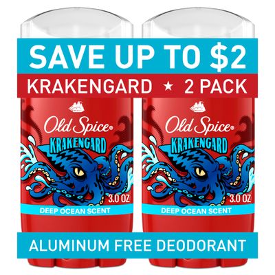 Old Spice Aluminum Free Deodorant for Men, 24/7 Odor Protection, 24/7 Freshness &amp; Lasting Scent, Goes on Clear, Krakengard with Deep Ocean Scent, 3.0 oz (Pack of 2)