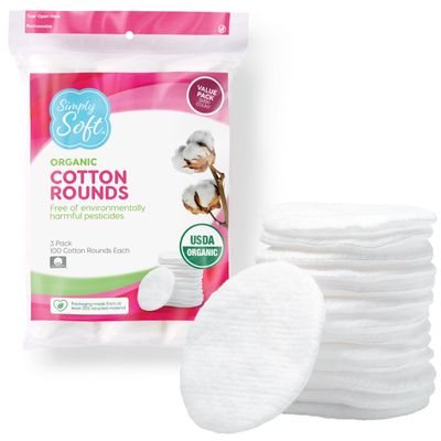 Simply Soft Premium Organic Cotton Rounds, 100 Count (Pack of 3), 100 Cotton Pads, Certified Organic, Hypoallergenic, Soft &amp; Absorbent for Beauty, Cosmetics, Skin Care, Lint Free