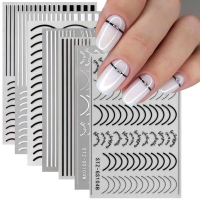 7Pcs Lines Nail Stickers - French Tip Black White Metal Stripes Letter Decals Curved Gel Nail Art Wave Line Polish Manicure Decoration for Women DIY Simple Line