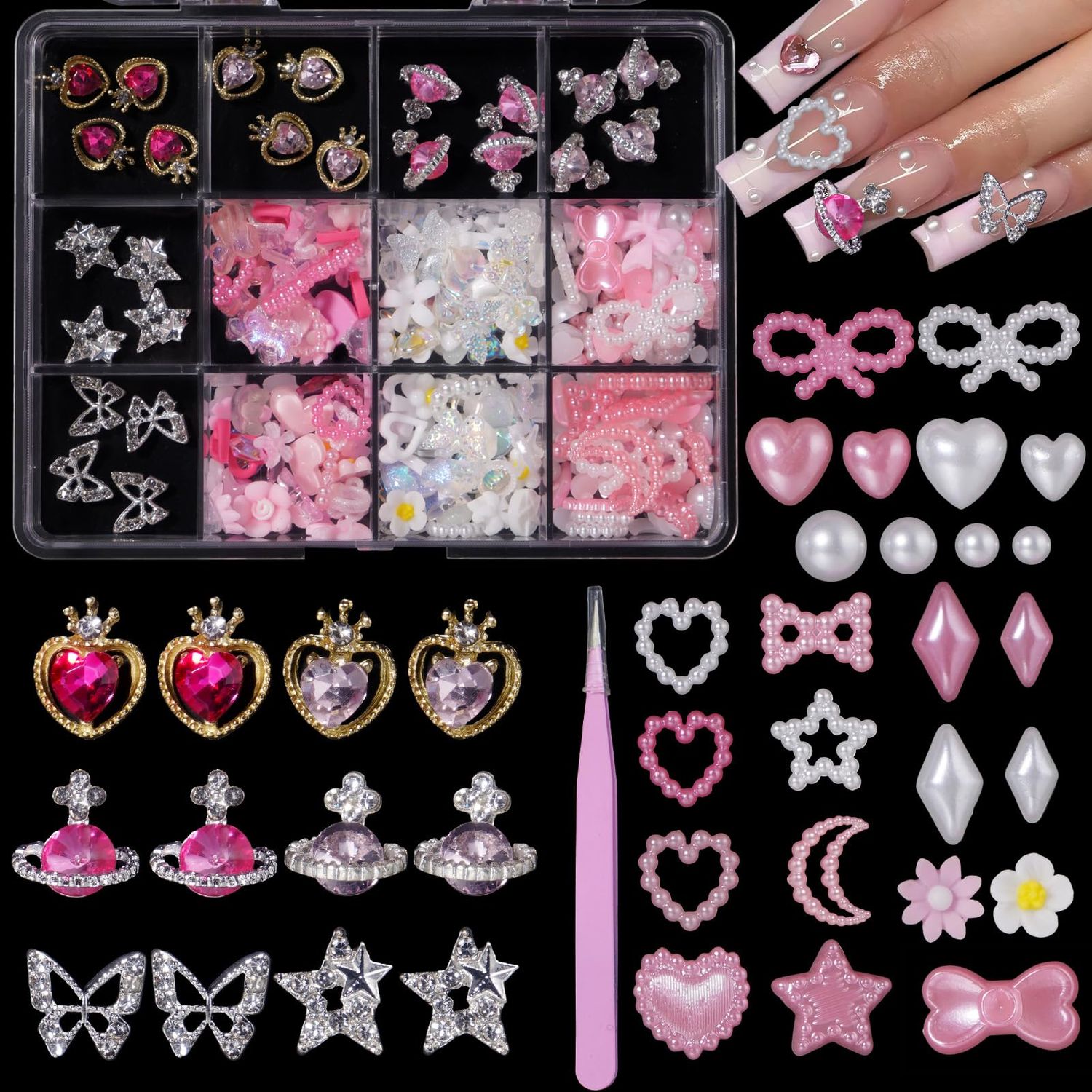 Assorted Nail Charms, 24 Pcs Chunky Star Heart Planet Butterfly Alloy Nails Charms, Pink White Flowers Bows Hollow Star Moon Pearls Acrylic Nail Art Charm Kit for Manicure DIY Crafts Accessories
