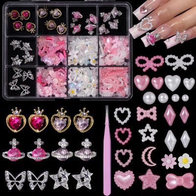 Assorted Nail Charms, 24 Pcs Chunky Star Heart Planet Butterfly Alloy Nails Charms, Pink White Flowers Bows Hollow Star Moon Pearls Acrylic Nail Art Charm Kit for Manicure DIY Crafts Accessories