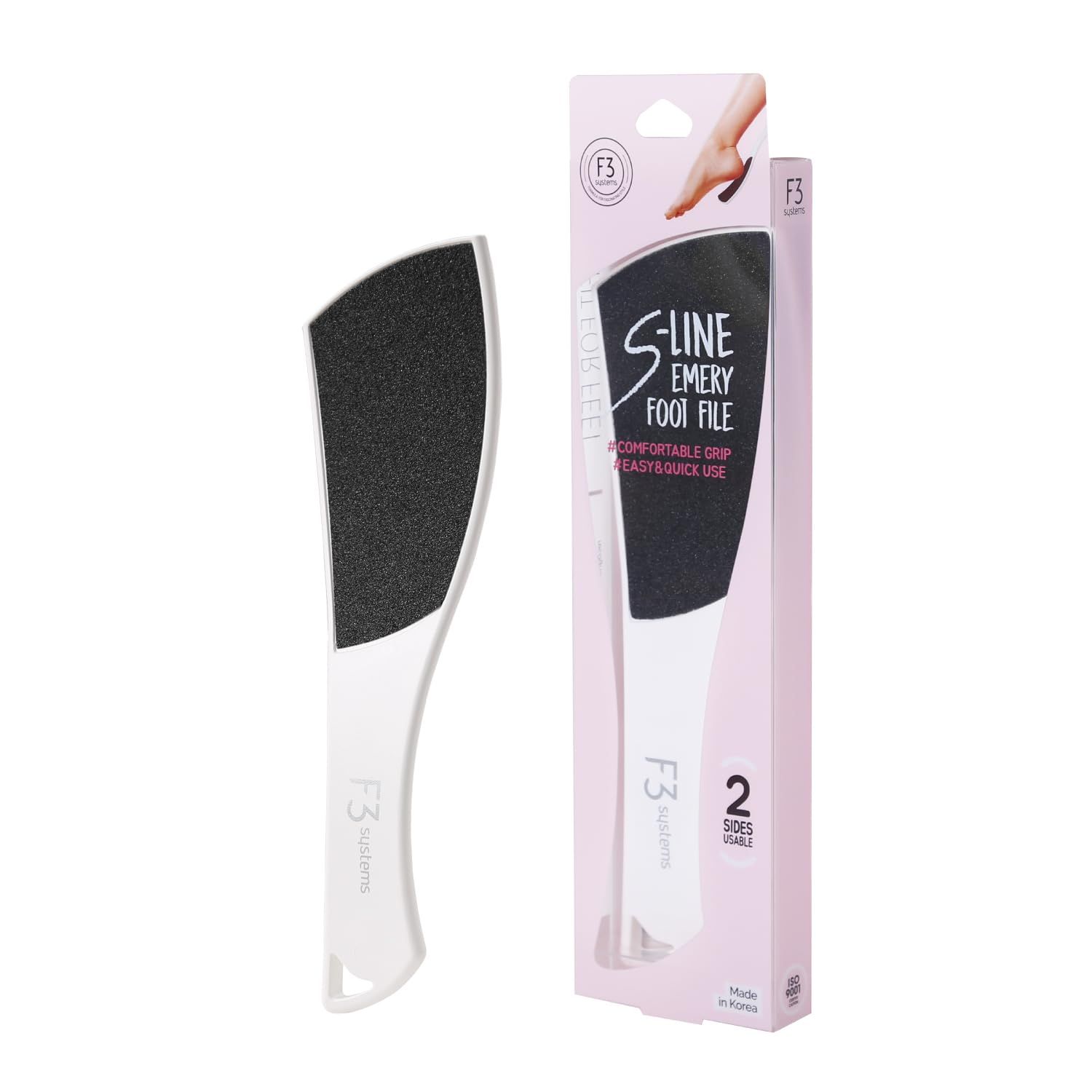 F3 Systems S-Line Emery Foot File, Colossal Double-Sided Pedicure Tool, Effective for Cracked Heel, Ergonomic Design for Easy Grip (White)