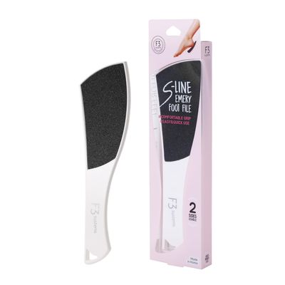 F3 Systems S-Line Emery Foot File, Colossal Double-Sided Pedicure Tool, Effective for Cracked Heel, Ergonomic Design for Easy Grip (White)