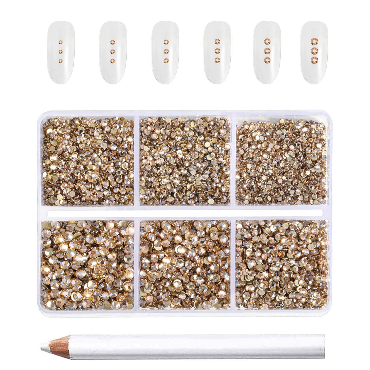 Beadsland 7200pcs Flatback Rhinestones,Gold Rhinestone Nail Gems Round Crystal Rhinestones for Crafts,Mixed 6 Sizes with Wax Pencil Kit, SS3-SS10,Golden Shadow