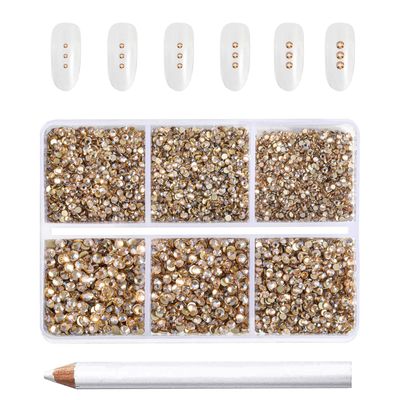 Beadsland 7200pcs Flatback Rhinestones,Gold Rhinestone Nail Gems Round Crystal Rhinestones for Crafts,Mixed 6 Sizes with Wax Pencil Kit, SS3-SS10,Golden Shadow