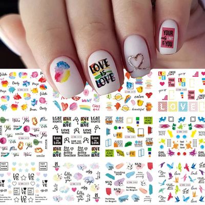 LGBT Gay Pride Nail Stickers Rainbow Love Heart Nail Decals English Letters Water Decal Tattoos Manicure Foils LGBT Nail Supplies Graffiti Fun Kiss Lip Sliders Watermark Decor 12 Designs