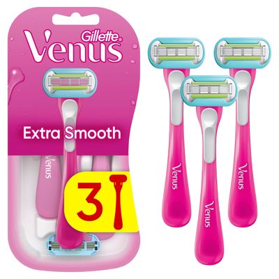 Gillette Venus Razors for Women, Extra Smooth Disposable Womens Razors, Moisture Ribbon, Protects from Skin Irritation, 5-Bladed, 3 Count