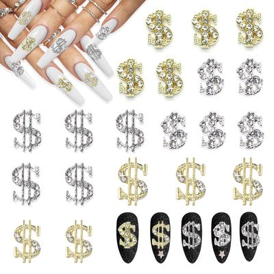 20Pcs Money Dollar Nail Charms, Wsimily 3D Silver Gold Alloy Dollar Rhinestones Nail Art Charms Shiny Money Sign Crystal Nail Decorations for Women Girls Nail Art Craft Jewelry DIY