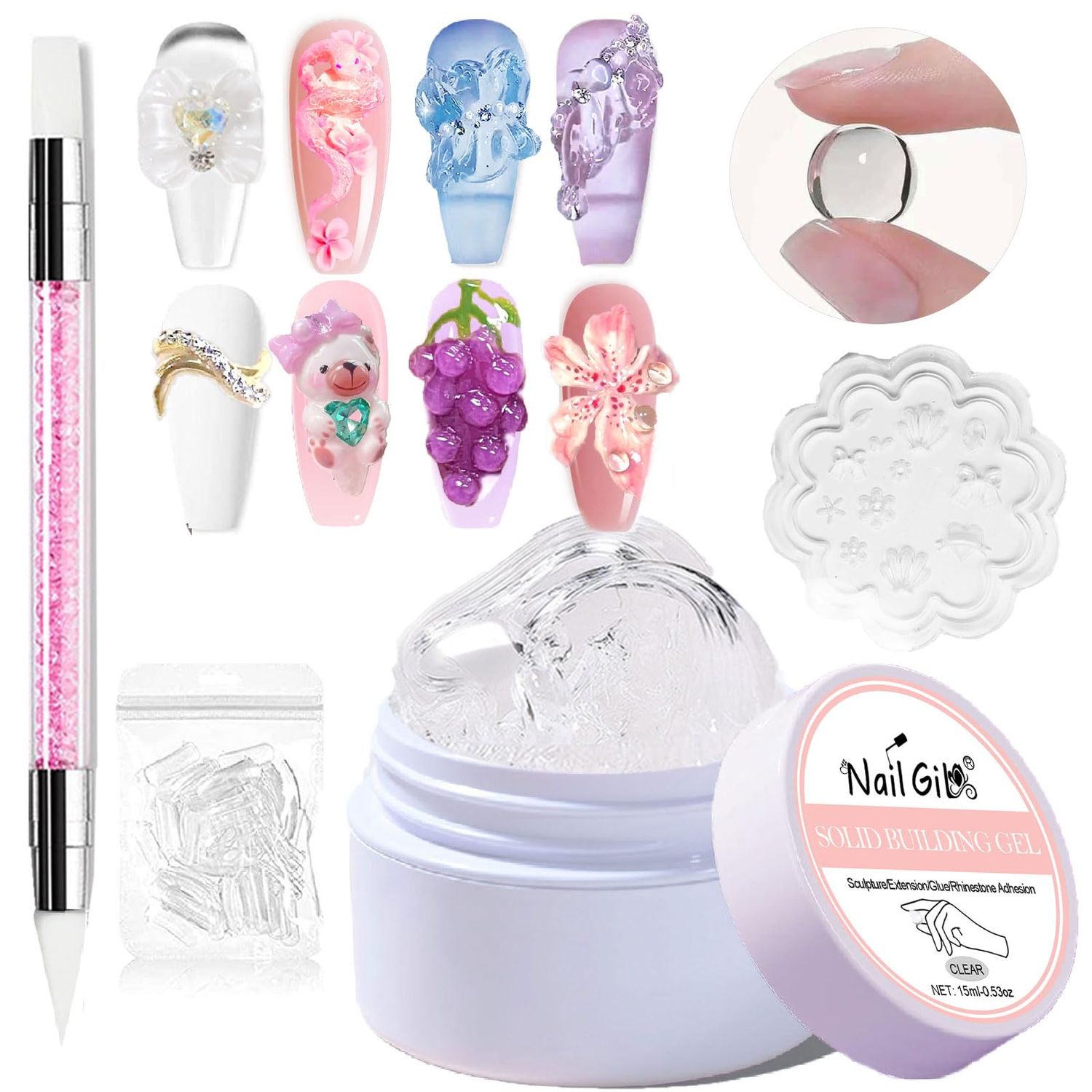 NAILGIL Solid Builder Gel For Nails,3D Nail Art Sculpture Non-Sticky Hand Clear Extension Gel Sock Off UV LED with 3D Silicone Mold Salon DIY at Home-15g/0.53oz