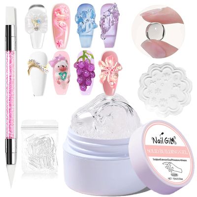 NAILGIL Solid Builder Gel For Nails,3D Nail Art Sculpture Non-Sticky Hand Clear Extension Gel Sock Off UV LED with 3D Silicone Mold Salon DIY at Home-15g/0.53oz