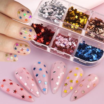 Stars Nail Art Glitter Sequins - 6Grid 3D Sparkly Five-Pointed Star Nail Flakes Designs, Holographic Star Nail Glitters for Nails Supplies Star Nail Flake for Independence Day DIY Crafts Holiday Party