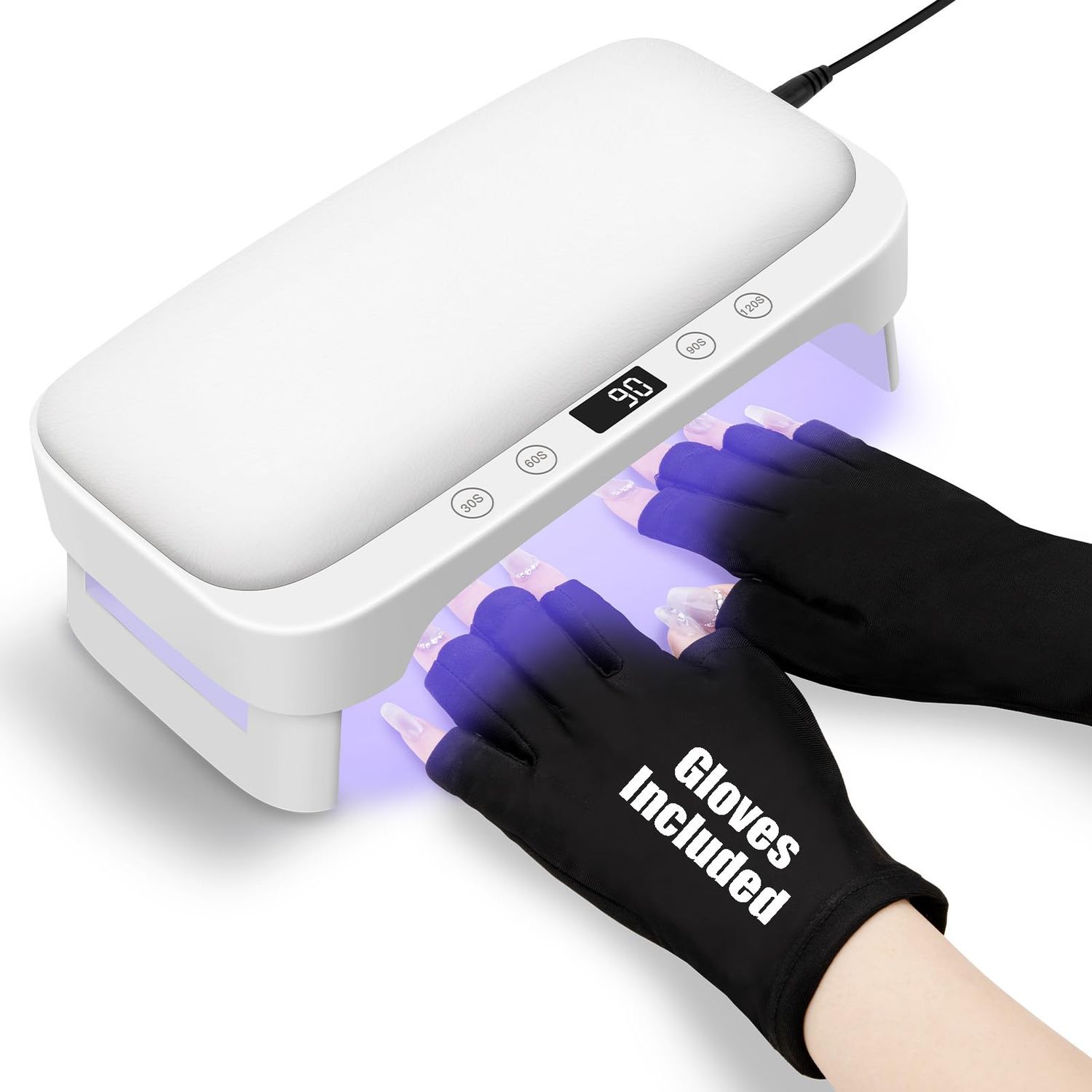 UV Nail Lamp with Arm Rest &amp; UV Gloves, Professional LED Nail Light for Gel Nails Polish, 4 Timers Foldable Nail Dryer with Hand Rest for Nails Tech Manicure Salon Home Use White