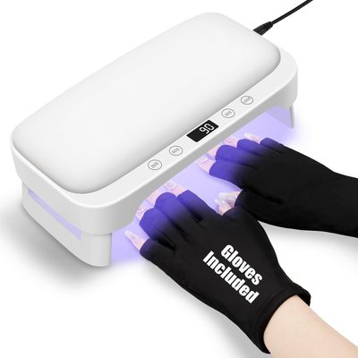 UV Nail Lamp with Arm Rest &amp; UV Gloves, Professional LED Nail Light for Gel Nails Polish, 4 Timers Foldable Nail Dryer with Hand Rest for Nails Tech Manicure Salon Home Use White