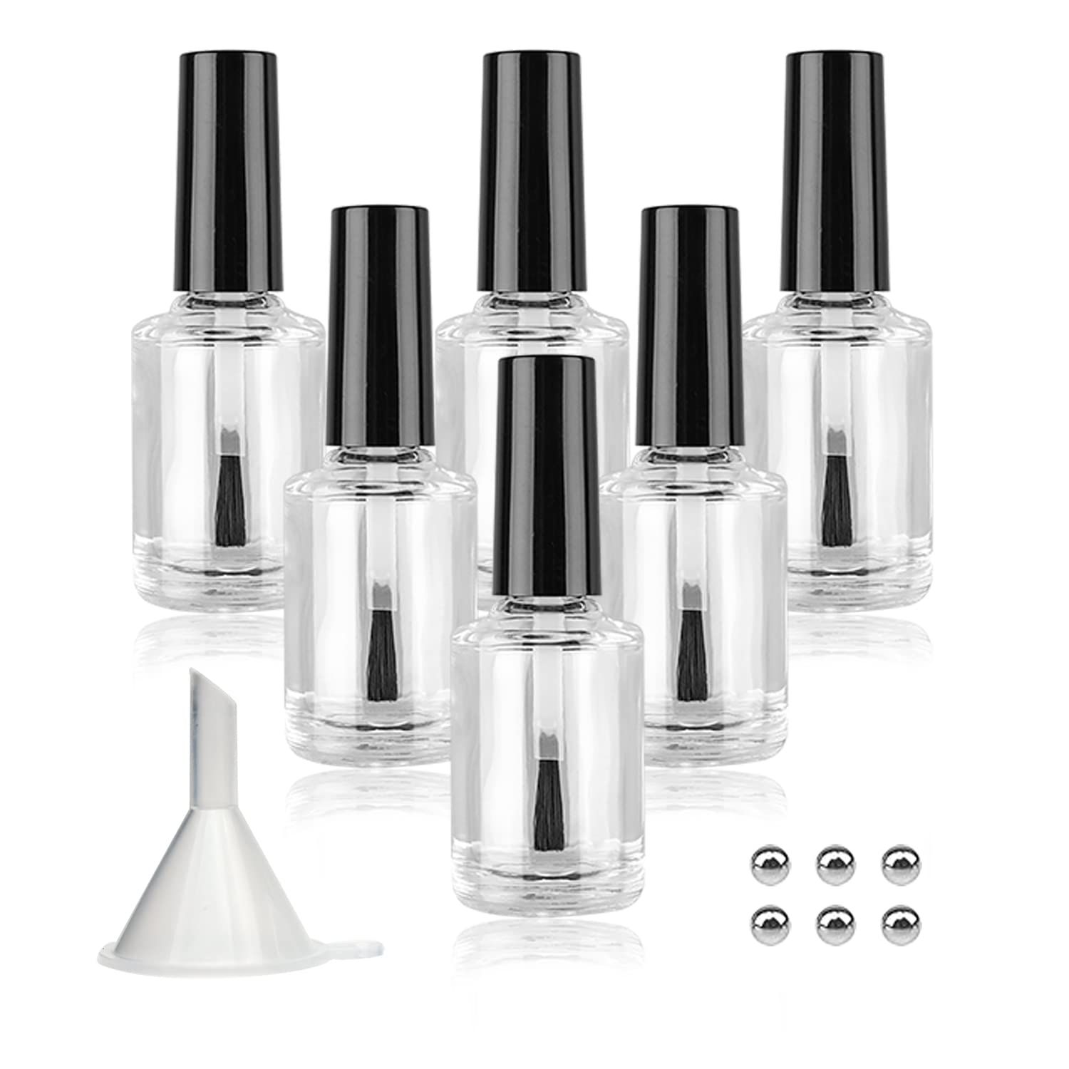 Agidea Empty Nail Polish Bottles with Brush Cap, 15ml Empty Glass Refillable Nail Polish Bottles with Mixing Agitator Balls &amp; Funnels, Pack of 6