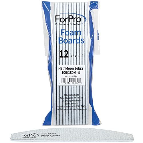 ForPro Professional Collection Half Moon Foam Boards, Zebra, 100/180 Grit, Double-Sided Manicure and Pedicure Nail Files, 7 L x 1.1 W, 12-Count