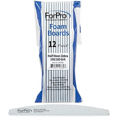 ForPro Professional Collection Half Moon Foam Boards, Zebra, 100/180 Grit, Double-Sided Manicure and Pedicure Nail Files, 7 L x 1.1 W, 12-Count