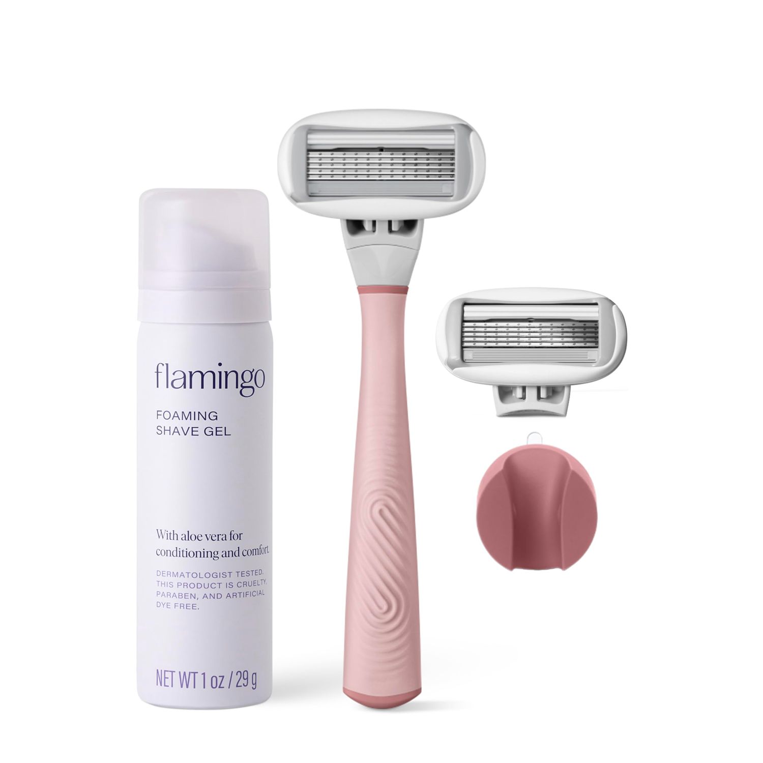 Flamingo Razors for Women Shave Set, 1 Womens Razor Handle (Rose), 2 Razor Five-Blade Refills, 1 oz. Foaming Shave Gel, and 1 Shower Holder
