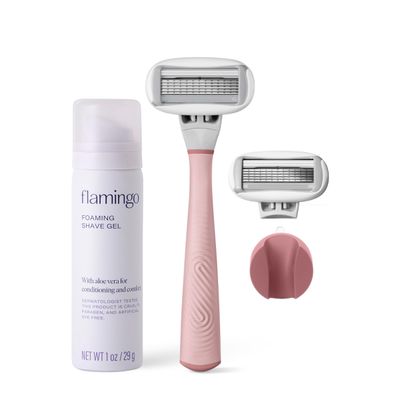 Flamingo Razors for Women Shave Set, 1 Womens Razor Handle (Rose), 2 Razor Five-Blade Refills, 1 oz. Foaming Shave Gel, and 1 Shower Holder
