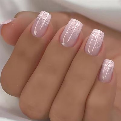 Hkanlre Square Press on Nails Gradient Shiny Fake Jelly Nails Tips Full Cover Bling Pink False Medium Nails for Women and Girls 24PCS