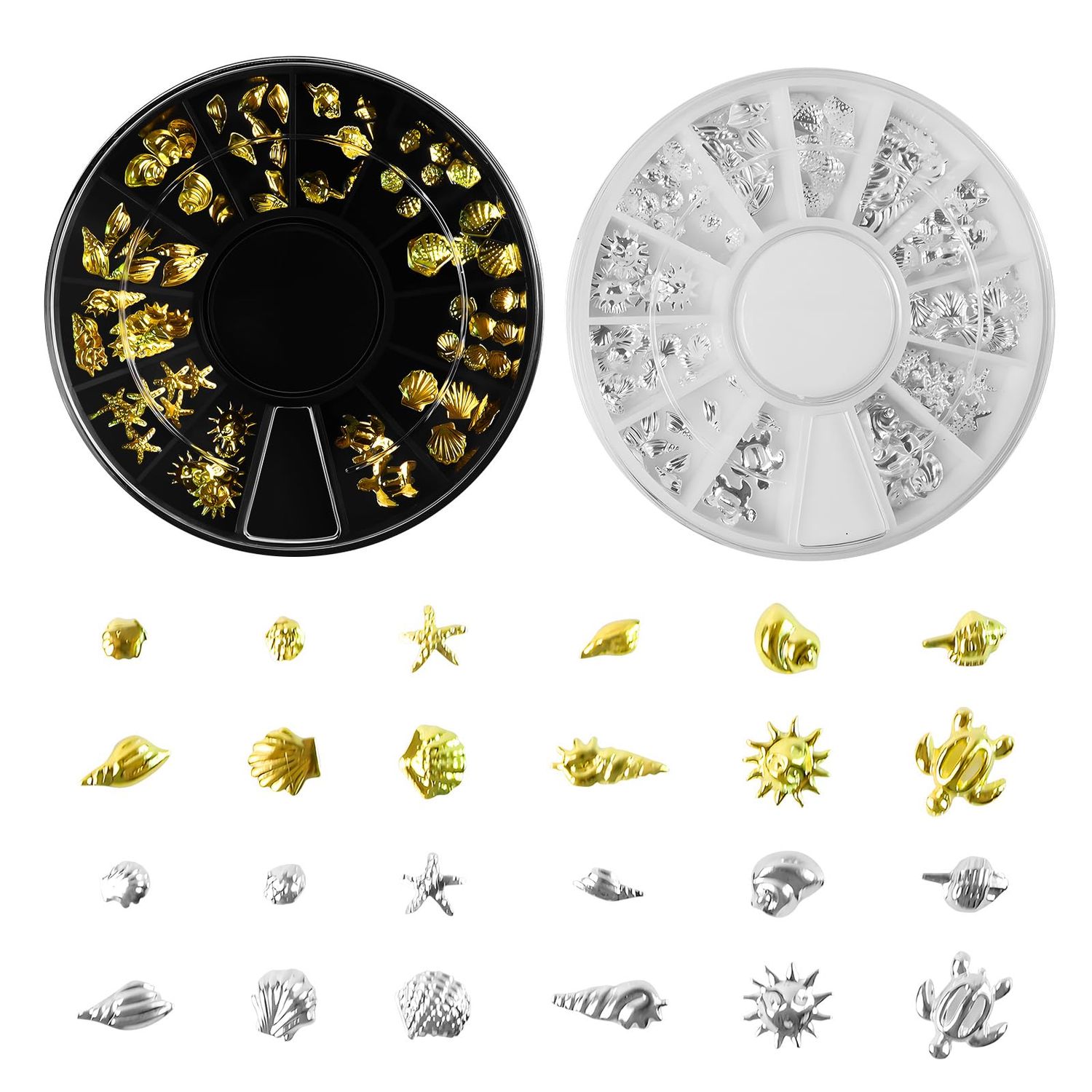 2 Disc Ocean Nail Charms - 12 Styles Silver &amp; Gold - Beach Starfish, Sea Seashell - 3D Nail Gems Jewelry for DIY Nail Art
