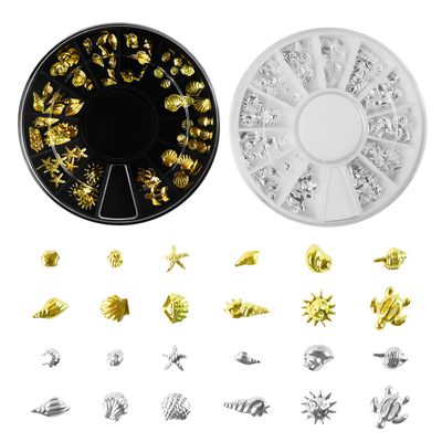 2 Disc Ocean Nail Charms - 12 Styles Silver &amp; Gold - Beach Starfish, Sea Seashell - 3D Nail Gems Jewelry for DIY Nail Art