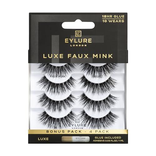 Eylure Luxe Faux Mink False Lashes - Regal, 4 Pairs Bonus Pack | Glue Included | 10 Wears