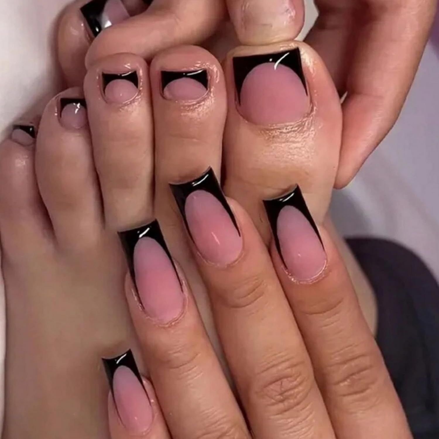 48 Pcs Black French Tip Press on Nails &amp; Toenails Set Solid Color Short Toe Nail Tips Long Square Shaped Fake Nails Glossy Fake Toe Nail Full Cover Nude False Toe Nails for Women DIY Manicure