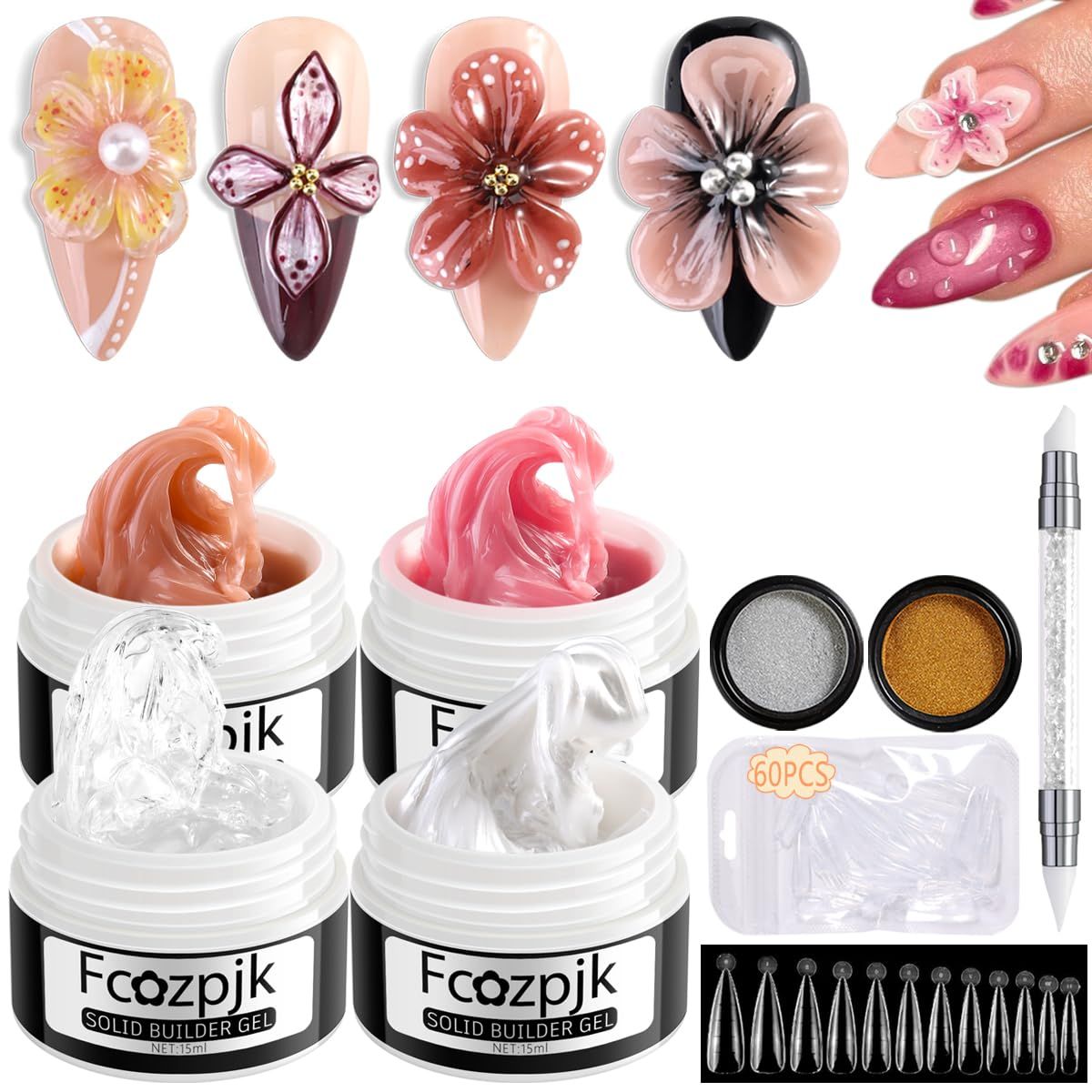 Fcozpjk Solid Builder Gel for Nails, 4 Colors Solid Builder Gel Non-Sticky Clear Nude Pink Pearl White Hard Gel for Nails 3D Sculpture Gel Flower Carving Modeling Design Nail Extension Gel Kit