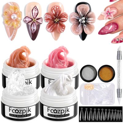 Fcozpjk Solid Builder Gel for Nails, 4 Colors Solid Builder Gel Non-Sticky Clear Nude Pink Pearl White Hard Gel for Nails 3D Sculpture Gel Flower Carving Modeling Design Nail Extension Gel Kit