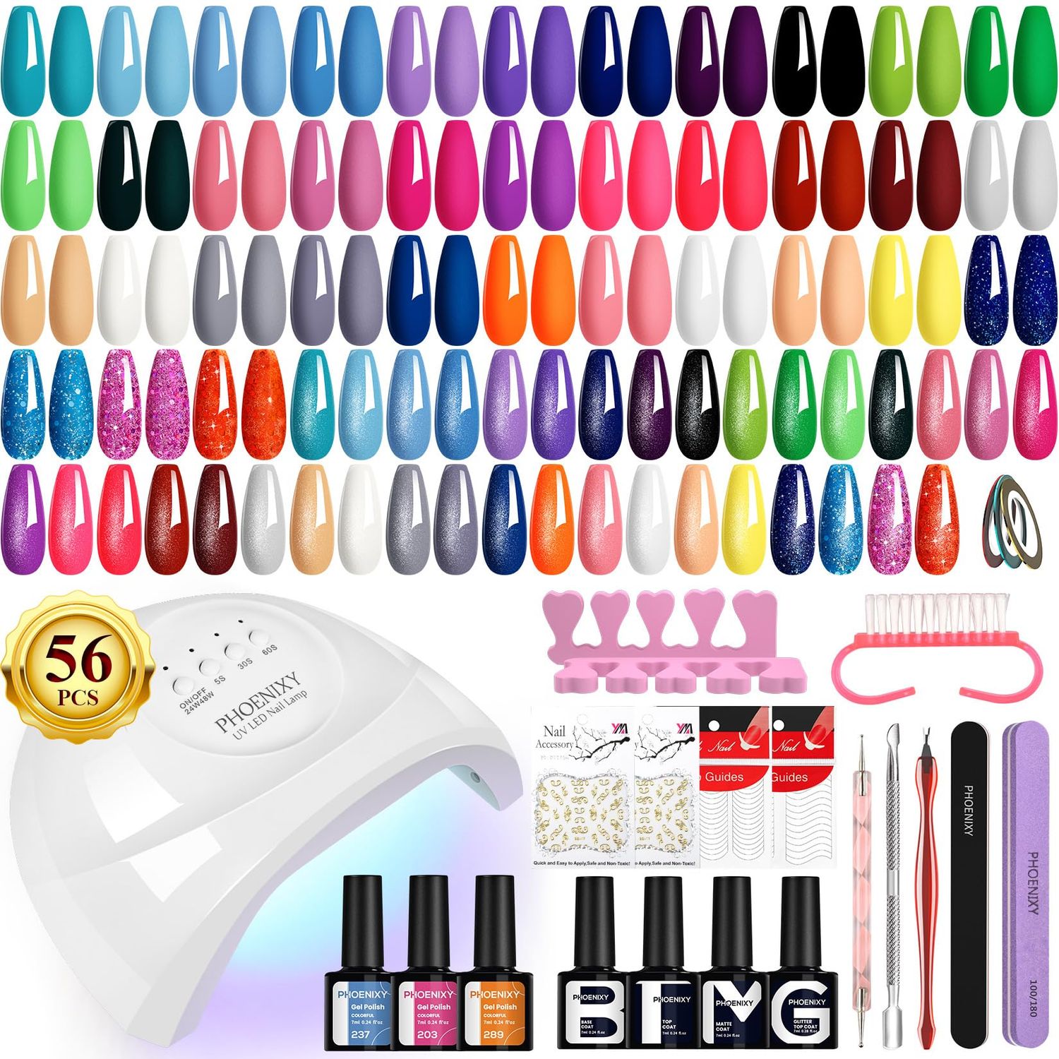 PHOENIXY Gel Nail Polish Kit with U V Light 48W, 56 Pcs 108 Effects Gel Nail Polish Kit Base Matte Glitter Top Coat Manicure Nail Set Gifts for Women