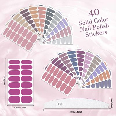 XEAOHESY 40 Sheets Elegant Solid Color Nail Polish Strips with Nail File Self-Adhesive Grey Purple Color Nail Strips Nail Stickers Full Nail Wraps for Women Nail Art
