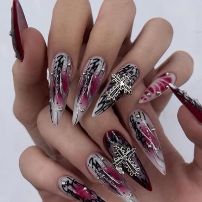 IMSOHOT Stiletto Press on Nails Long Gothic Fake Nails Black Red Ombre Glossy False Nails with Metal Cross Charms Designs Full Cover Glue on Nails 24PCS Acrylic Reusable Almond Nails