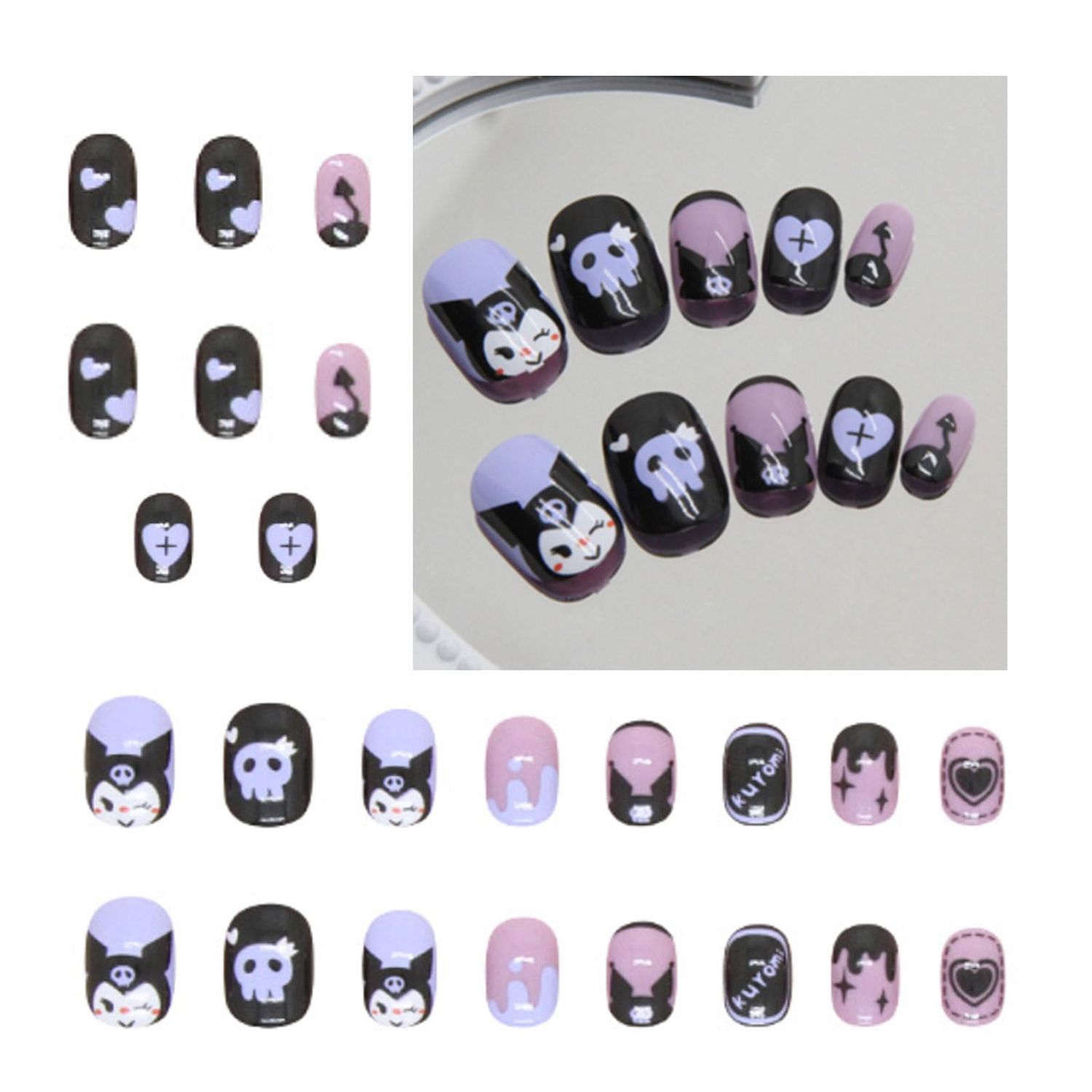 Generic 24PCS Black Rabbit Short Press on Nails,Black and Purple Press on Nails Short for Girls and Women,Fake Nails Kit with Glue Jelly Glue Stick Mini File and Wet Wipes