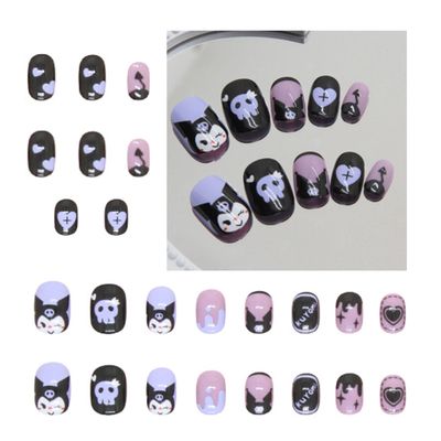 Generic 24PCS Black Rabbit Short Press on Nails,Black and Purple Press on Nails Short for Girls and Women,Fake Nails Kit with Glue Jelly Glue Stick Mini File and Wet Wipes