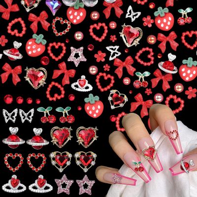 450 Pcs Bows Strawberry Nail Charms, Red Acrylic Pearl Heart Bowknots Nail Charms, Alloy Cherry Crown Heart Nail Gems Charms for Women DIY Nail Art Accessories