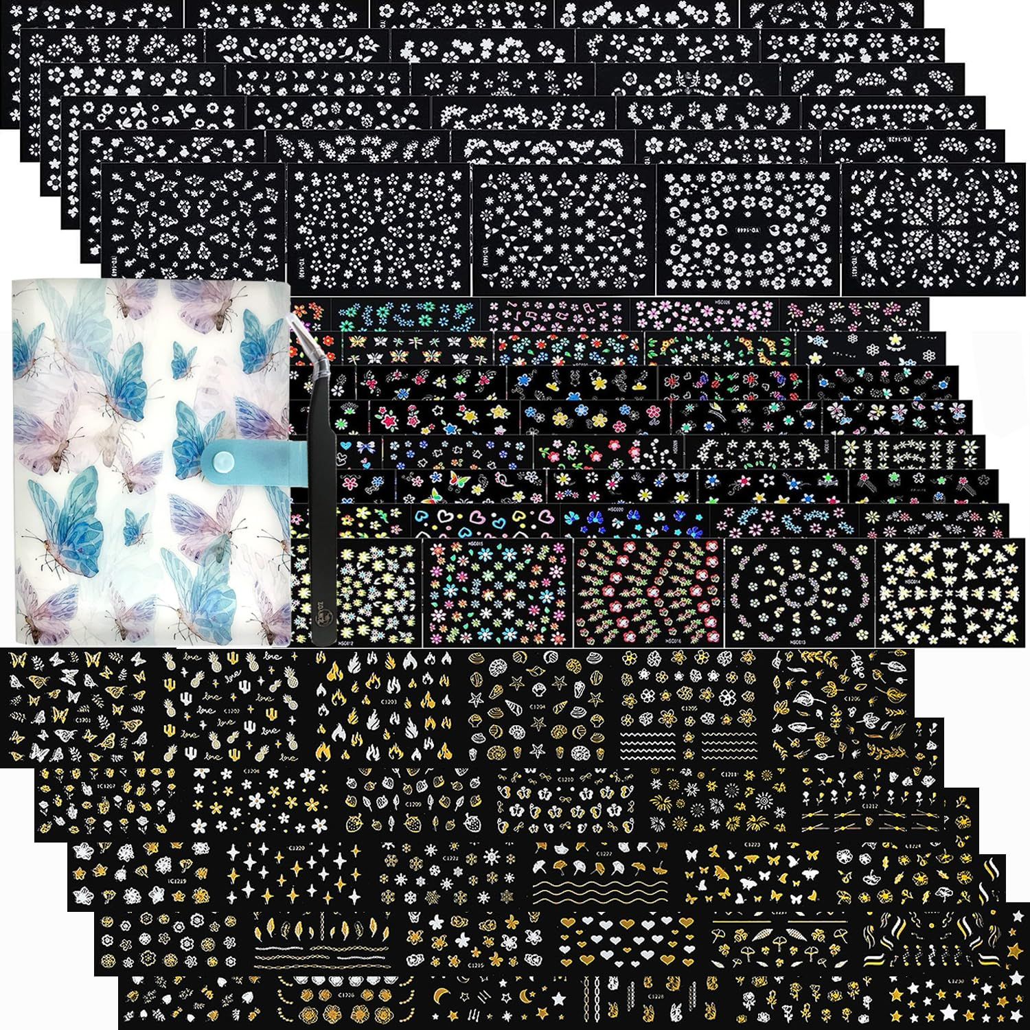 102 Sheets Nail Art Stickers &amp; Storage Book,5200 Pieces 3D Self-Adhesive White Floral Nail Stickers with Rhinestones Designs, Multicolor Laser Gold Nail Decals for Women Girls DIY Manicure Decorations