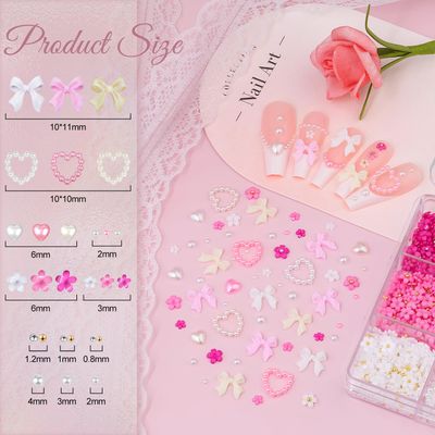 3D Nail Charms and Gems Set 7, 20PCS Chunky Butterfly Charms 75PCS Coquette Nail Bows and Hearts 3D Flowers for Nails with Rhinestones, Pearls, Diamonds and Picker Tools for Y2K Nail Decor