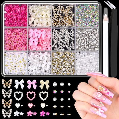 3D Nail Charms and Gems Set 7, 20PCS Chunky Butterfly Charms 75PCS Coquette Nail Bows and Hearts 3D Flowers for Nails with Rhinestones, Pearls, Diamonds and Picker Tools for Y2K Nail Decor