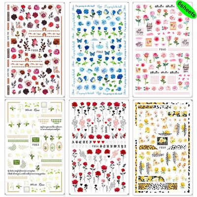 Flower Nail Art Stickers Decals 6Sheets Spring Rose 3D Self-Adhesive Nail Stickers Flowers Rose Butterfly Design Nail Decals for Nail Art Women Girls Acrylic Nails Decorations DIY Nail Art Supplies