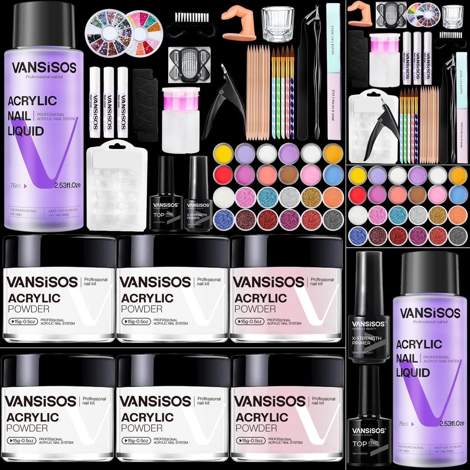 Acrylic Nail Kit for Beginners: Complete Nail Kit for Beginners with Glitter Acrylic Powder Top Coat X-Strength Primer Nail Glue Nail Starter Set for Beginners