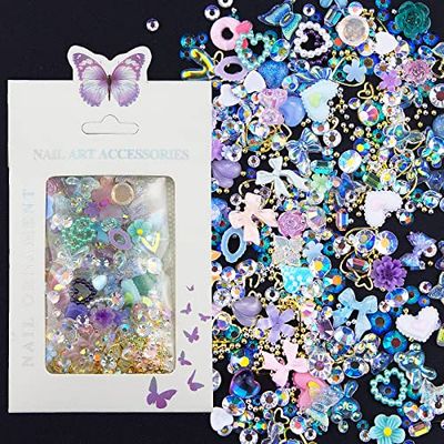 3D Mix Assorted Color Nail Charms - Acrylic Multi Shapes Heart Flower Bowknot Hollow Pearls Rhinestones Cute Charms for DIY Crafts Accessories