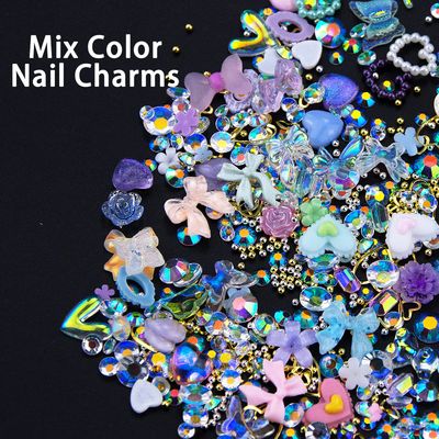 3D Mix Assorted Color Nail Charms - Acrylic Multi Shapes Heart Flower Bowknot Hollow Pearls Rhinestones Cute Charms for DIY Crafts Accessories