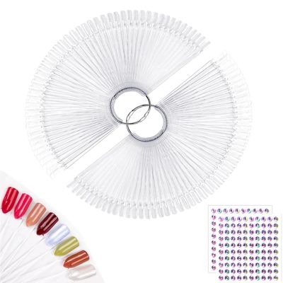 Subay 100pcs Fan-shaped Nail Swatches Sticks with Number Stickers, False Fake Nail Art Tips Sticks Polish Gel Salon Display Practice Tools with Metal Split Ring Holder