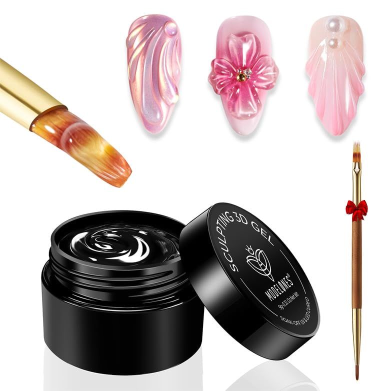 modelones 3D Nail Gel Kit, Gel Nail Art 3D Sculpting Gel with Nails Art Brushes for Chrome Powder for Nails and Rhinestones for DIY at Home &amp; Salon, 9g No Wipe Needed