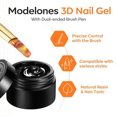 modelones 3D Nail Gel Kit, Gel Nail Art 3D Sculpting Gel with Nails Art Brushes for Chrome Powder for Nails and Rhinestones for DIY at Home &amp; Salon, 9g No Wipe Needed