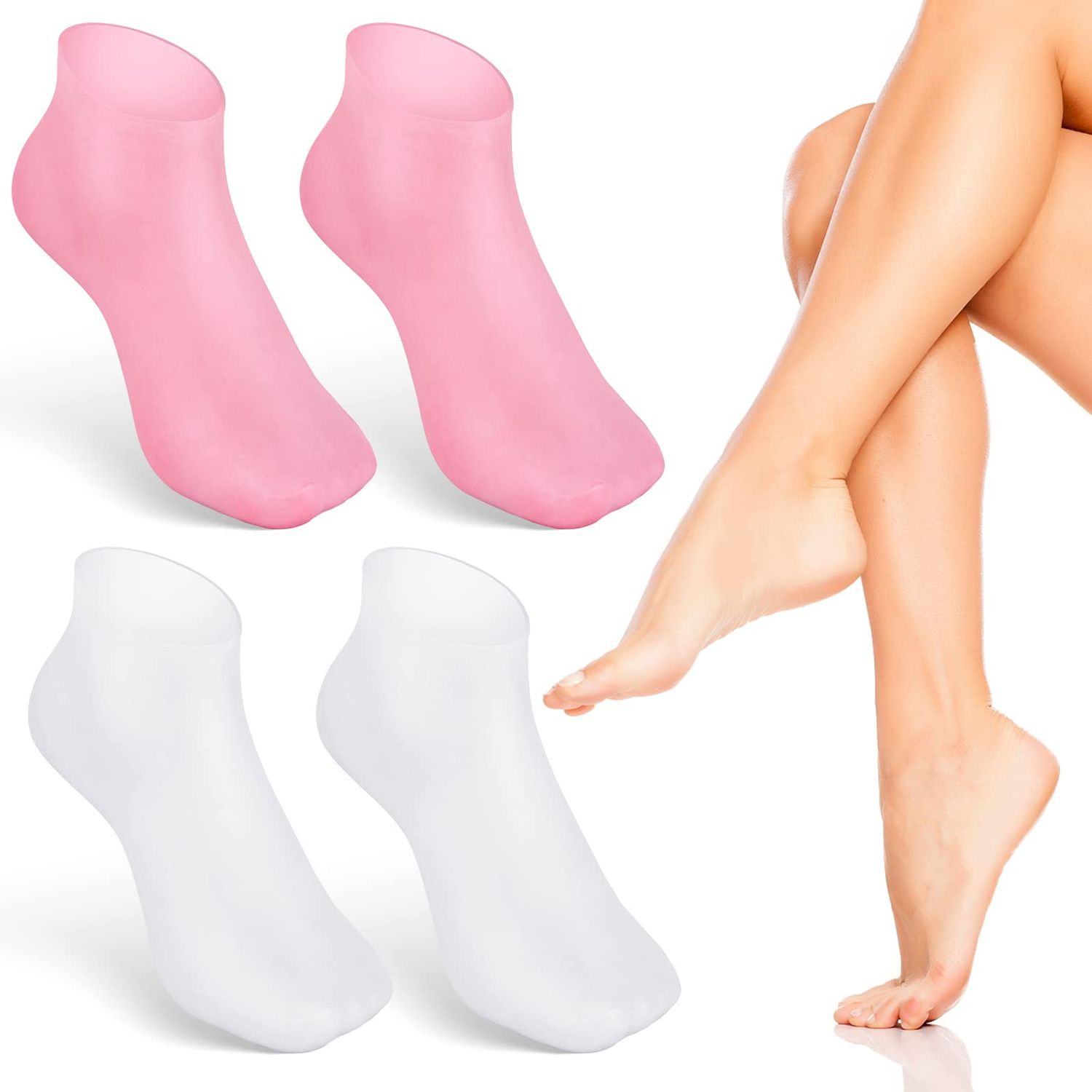 Noverlife 2 Pairs Silicone Moisturizing Socks Softening Dry Cracked Feet Rough Skins &amp; Anti Slip Aloe Socks for Dry Cracked Feet Women, Calluses, Spa Gel Socks Foot Care After Pedicure - Pink &amp; White